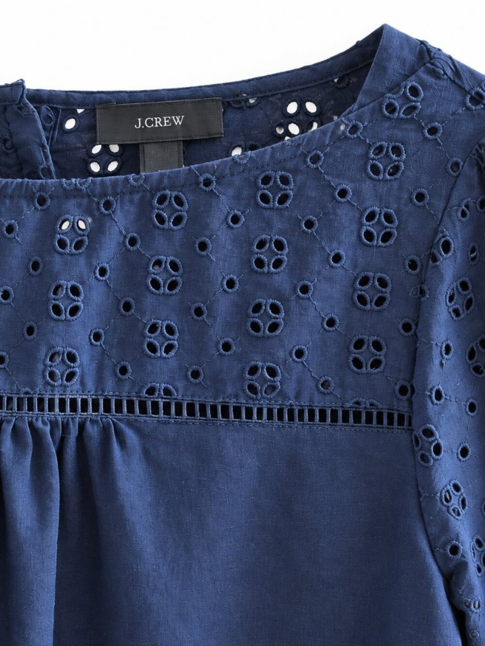 J.Crew Navy Blue Linen Cotton Blend Eyelet Long Sleeve Boat Neck Blouse (Size 6) - Picture 6 of 11